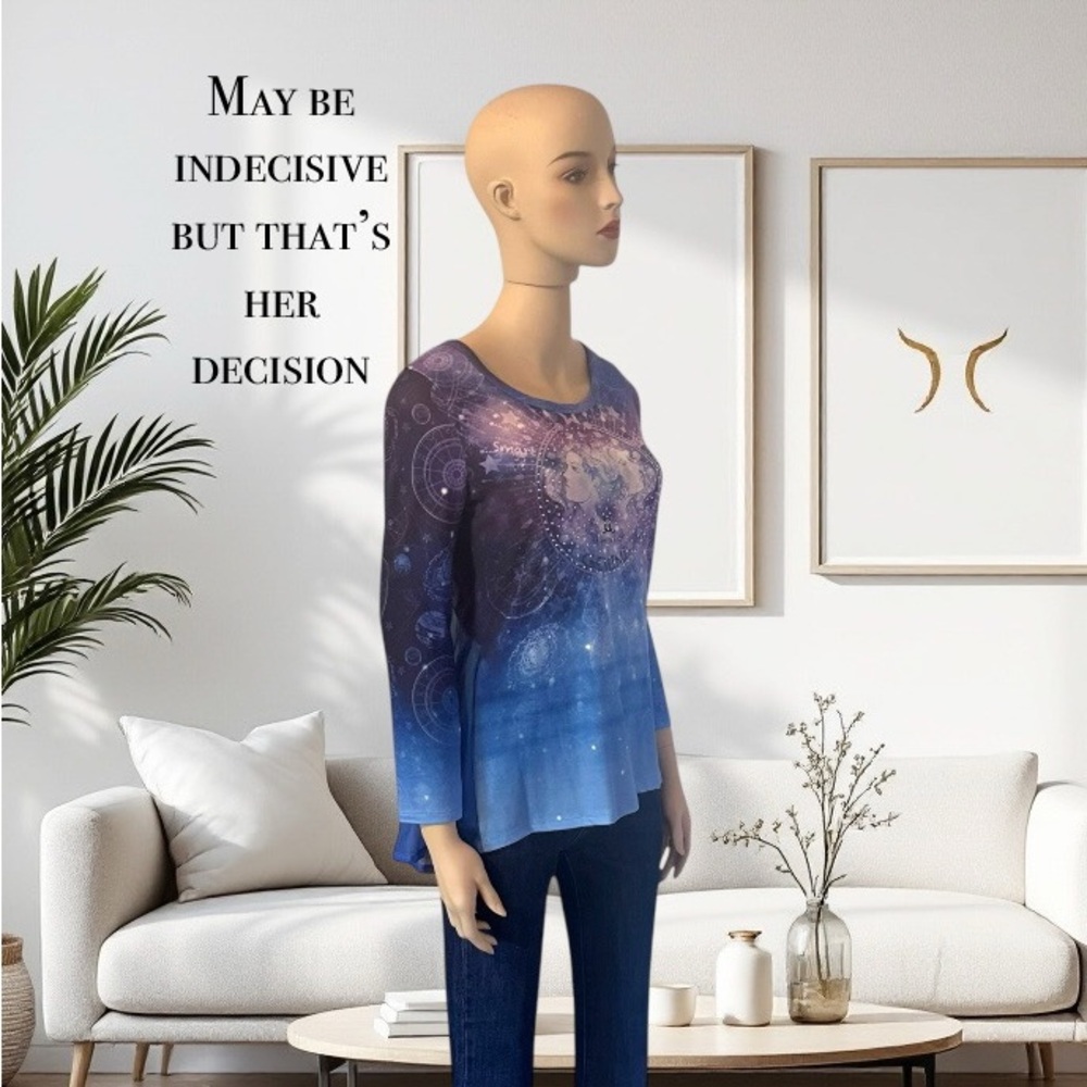 NWOT One World Knit Gemini Zodiac Long Sleeve Mesh Back Hi-Lo Top - Picture 2 of 5